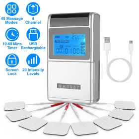 4 Channel TENS Unit Muscle Stimulator Rechargeable Digital TENS Muscle Massager with 48 Modes 20 Intensity Levels 8 Pads Timer